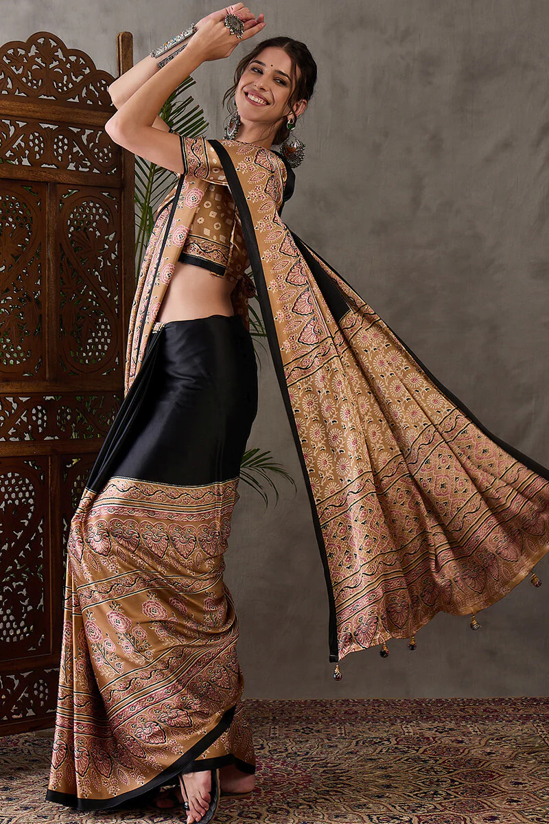 Scintilla Black Ajrakh Printed Semi Modal Silk Saree With Splendiferous Blouse Piece - Image 4