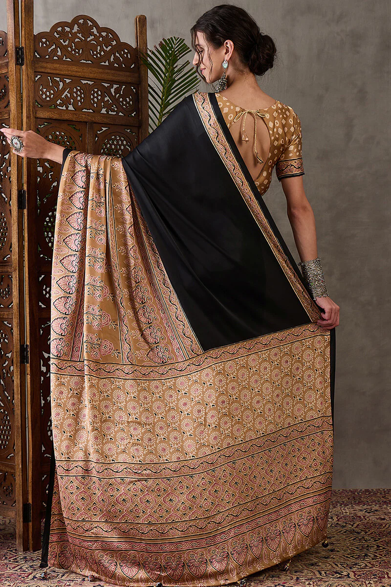 Scintilla Black Ajrakh Printed Semi Modal Silk Saree With Splendiferous Blouse Piece - Image 6