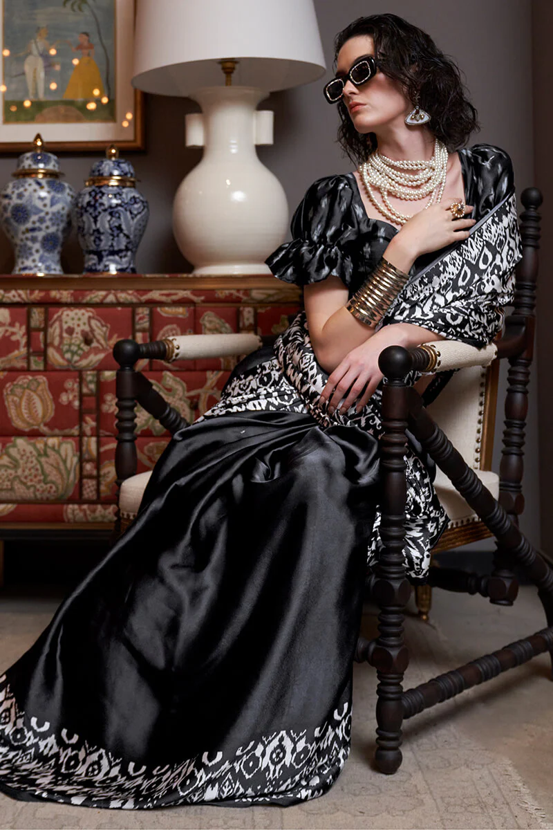 Scintilla Black Digital Printed Satin Silk Saree With Murmurous Blouse Piece - Image 2