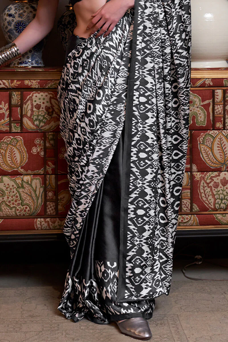 Scintilla Black Digital Printed Satin Silk Saree With Murmurous Blouse Piece - Image 3