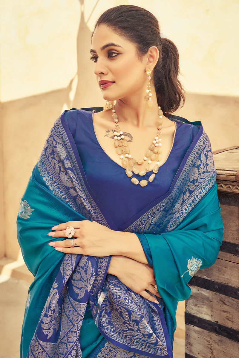 Scintilla Blue Soft Banarasi Silk Saree With Girlish Blouse Piece - Image 2
