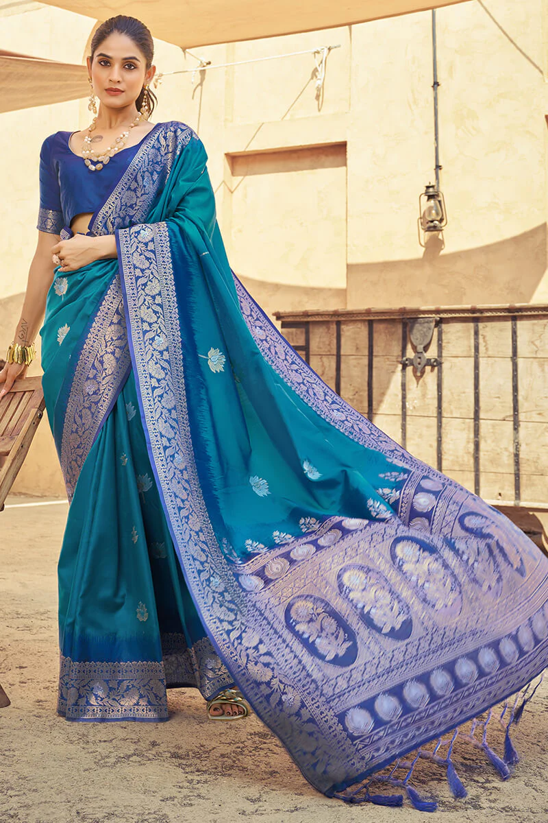 Scintilla Blue Soft Banarasi Silk Saree With Girlish Blouse Piece - Image 3