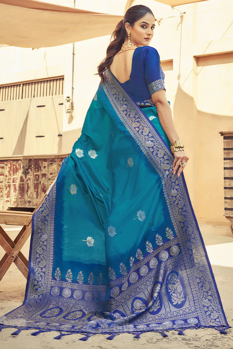 Scintilla Blue Soft Banarasi Silk Saree With Girlish Blouse Piece - Image 4
