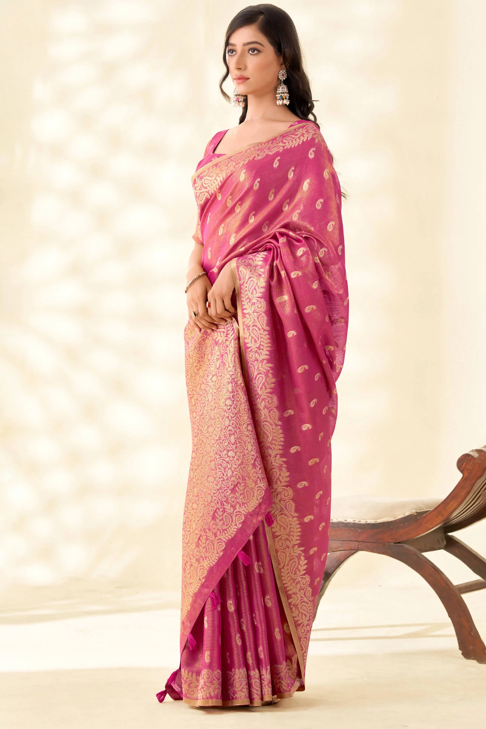 Scintilla Dark Pink Soft Banarasi Tissue Silk Saree With Adorable Blouse Piece - Image 3