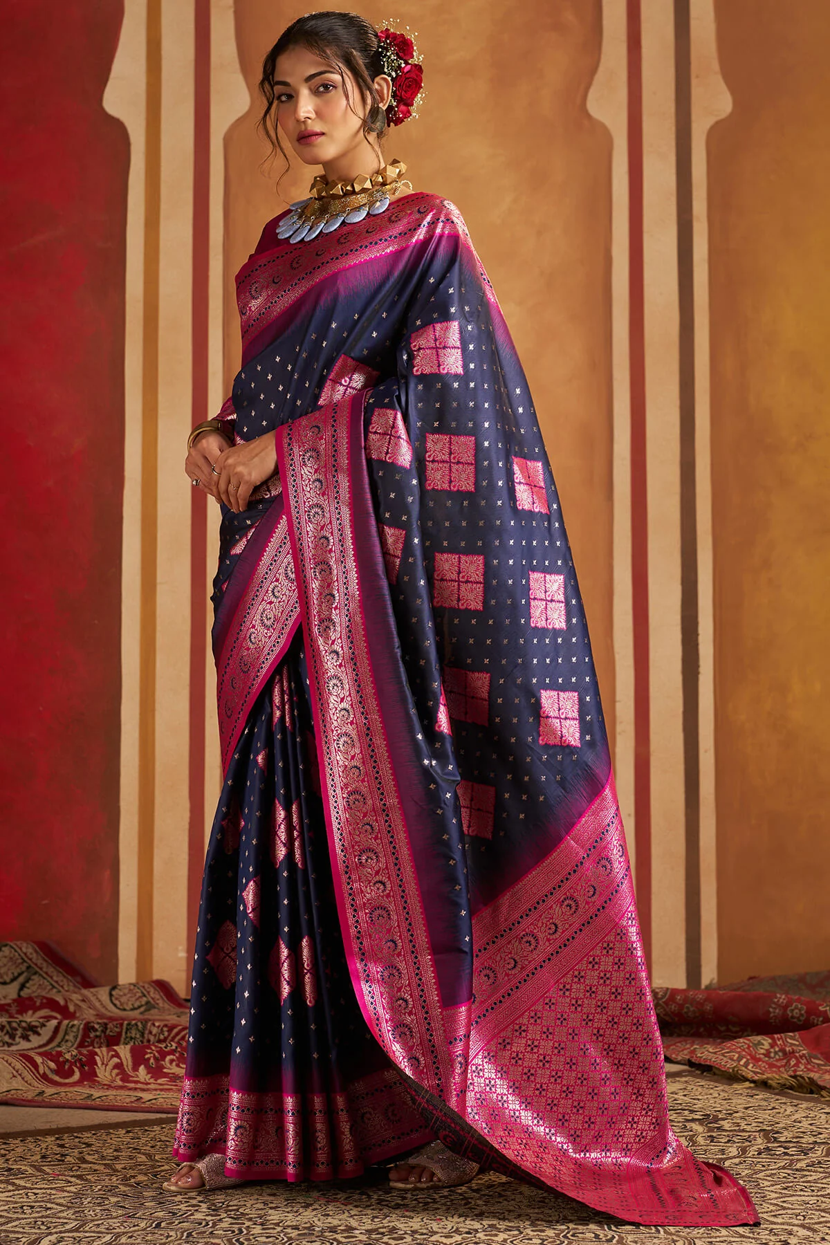 Scintilla Navy Blue Pure Zari Weaving Banarasi Silk Saree With Denouement Blouse Piece - Image 5