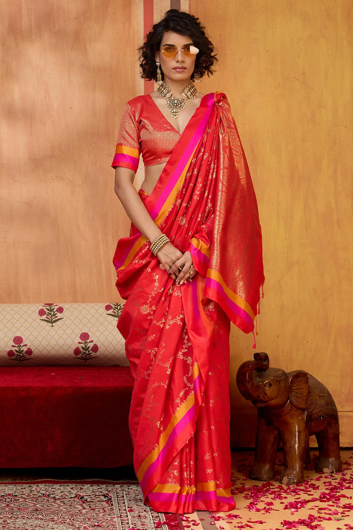 Scintilla Red Pure Zari Weaving Banarasi Silk Saree With Stylish Blouse Piece - Image 5