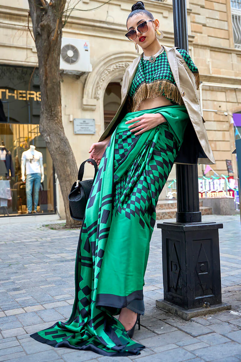 Scintilla Sea Green Digital Printed Satin Silk Saree With Supernal Blouse Piece - Image 3
