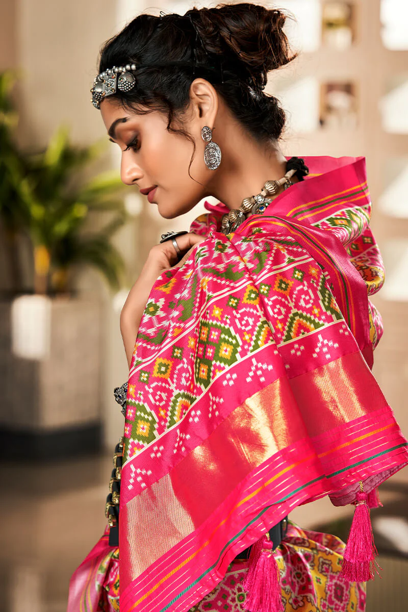 Scintilla Yellow and Pink Patola Silk Saree with Devastating Blouse Piece - Image 3