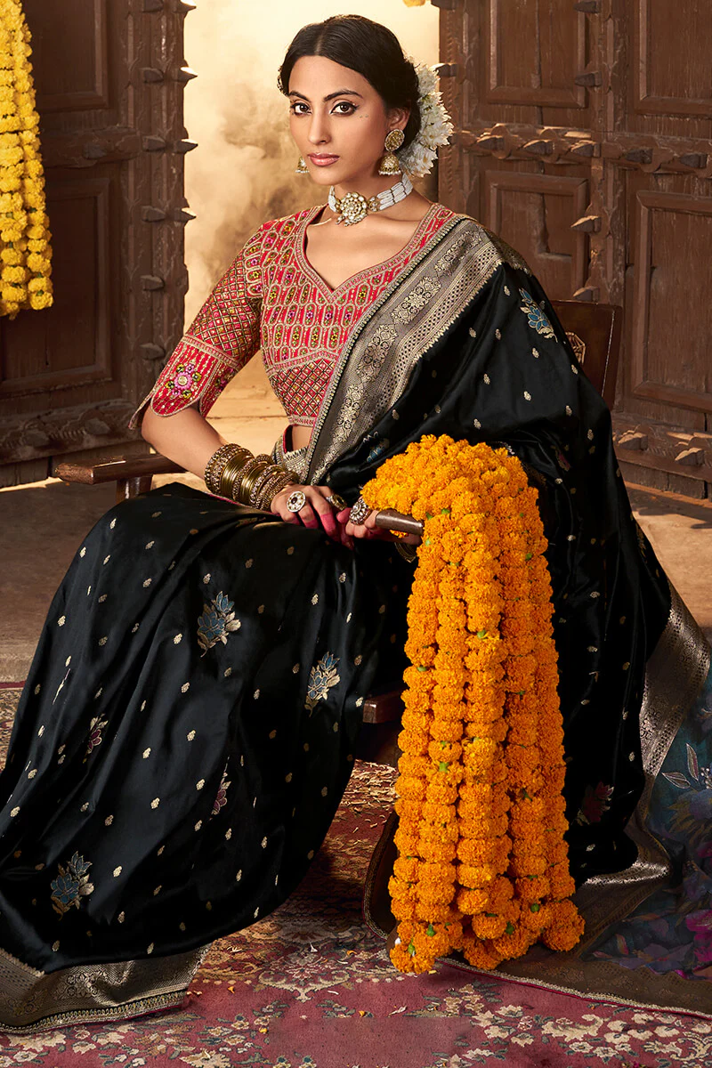 Scintillating Black Pure Viscose Dola Silk Saree With Lassitude Blouse Piece - Image 3