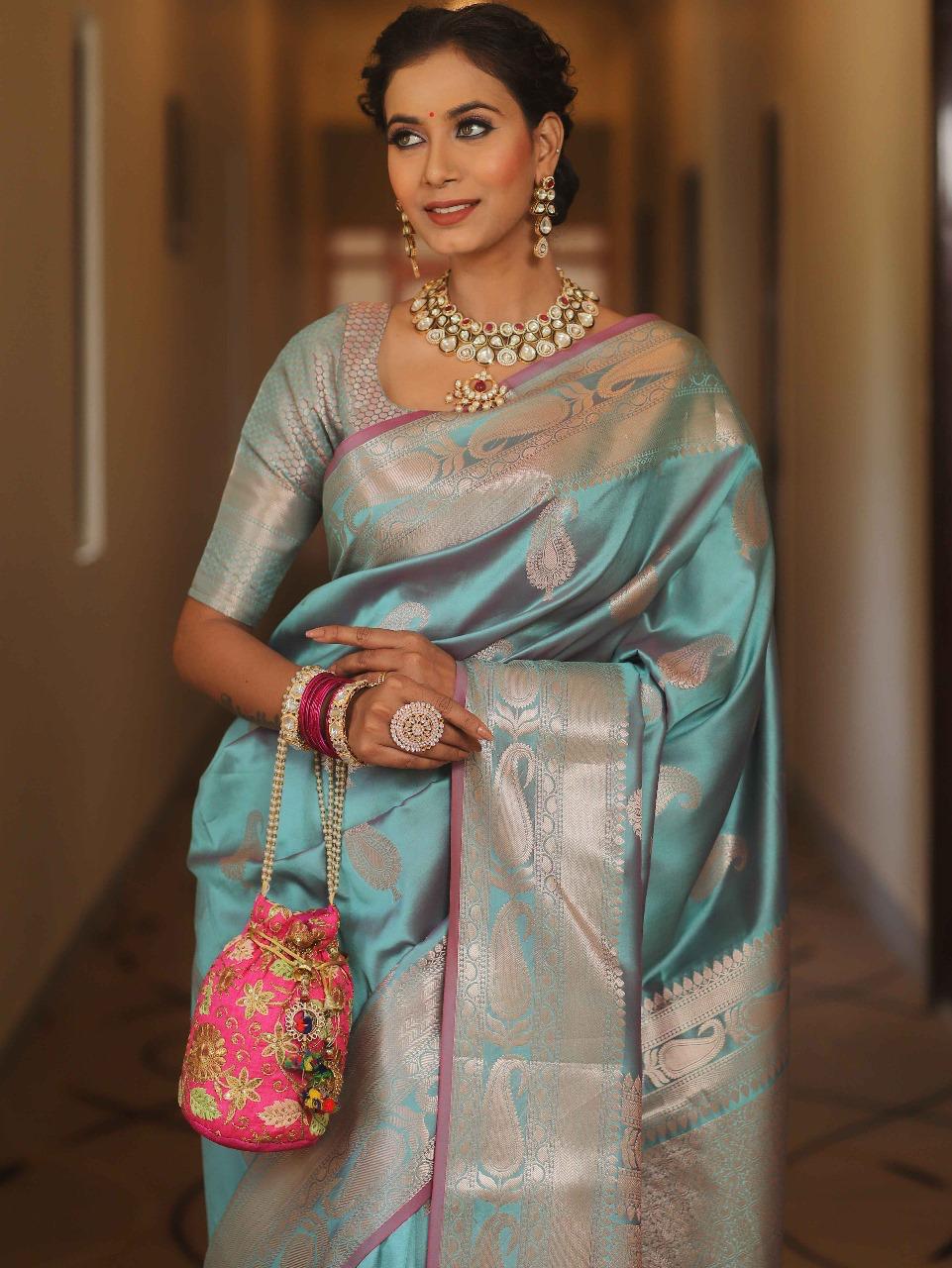 Scintillating Firozi Soft Banarasi Silk Saree With Preferable Blouse Piece - Image 2