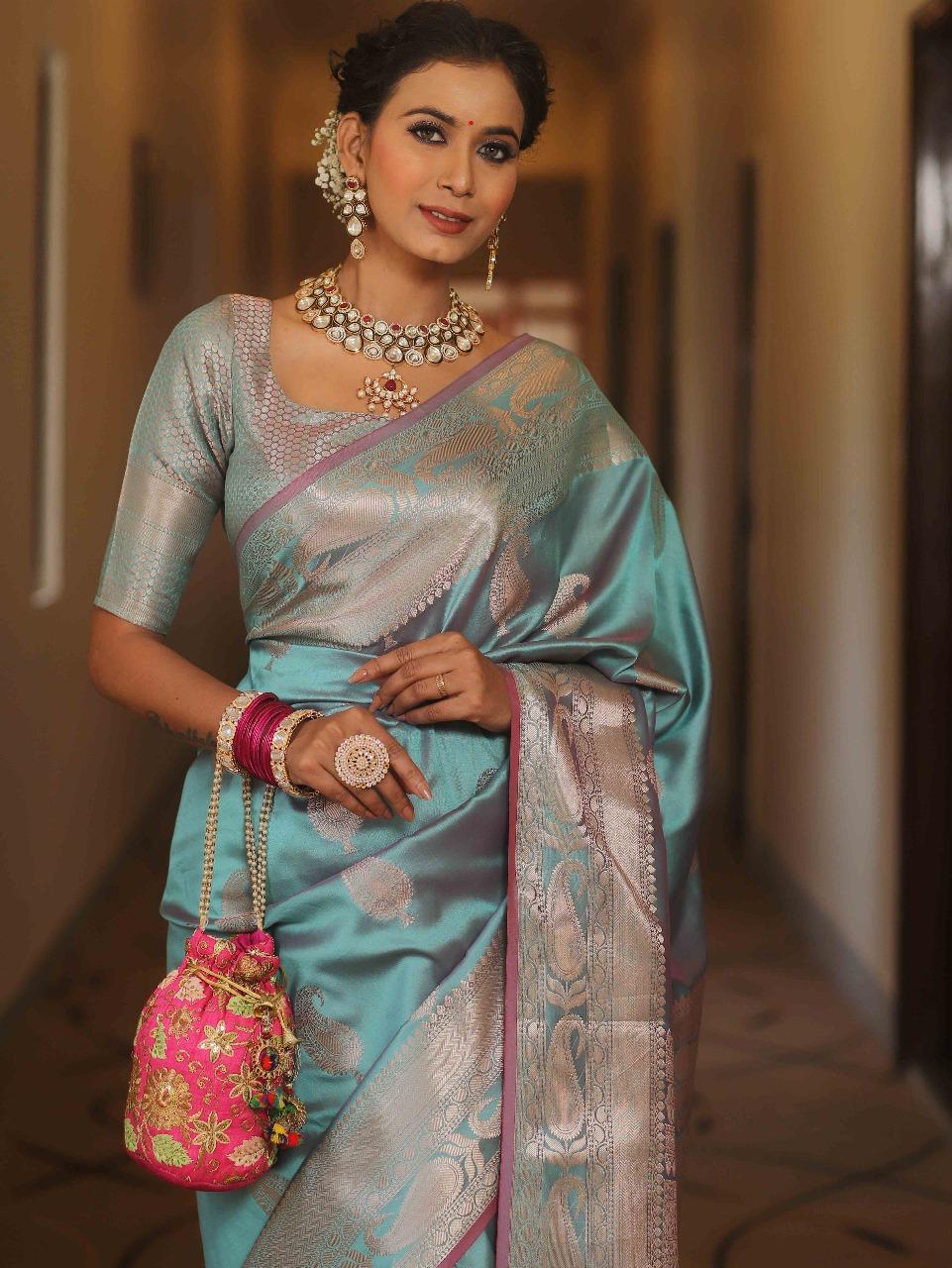 Scintillating Firozi Soft Banarasi Silk Saree With Preferable Blouse Piece - Image 5