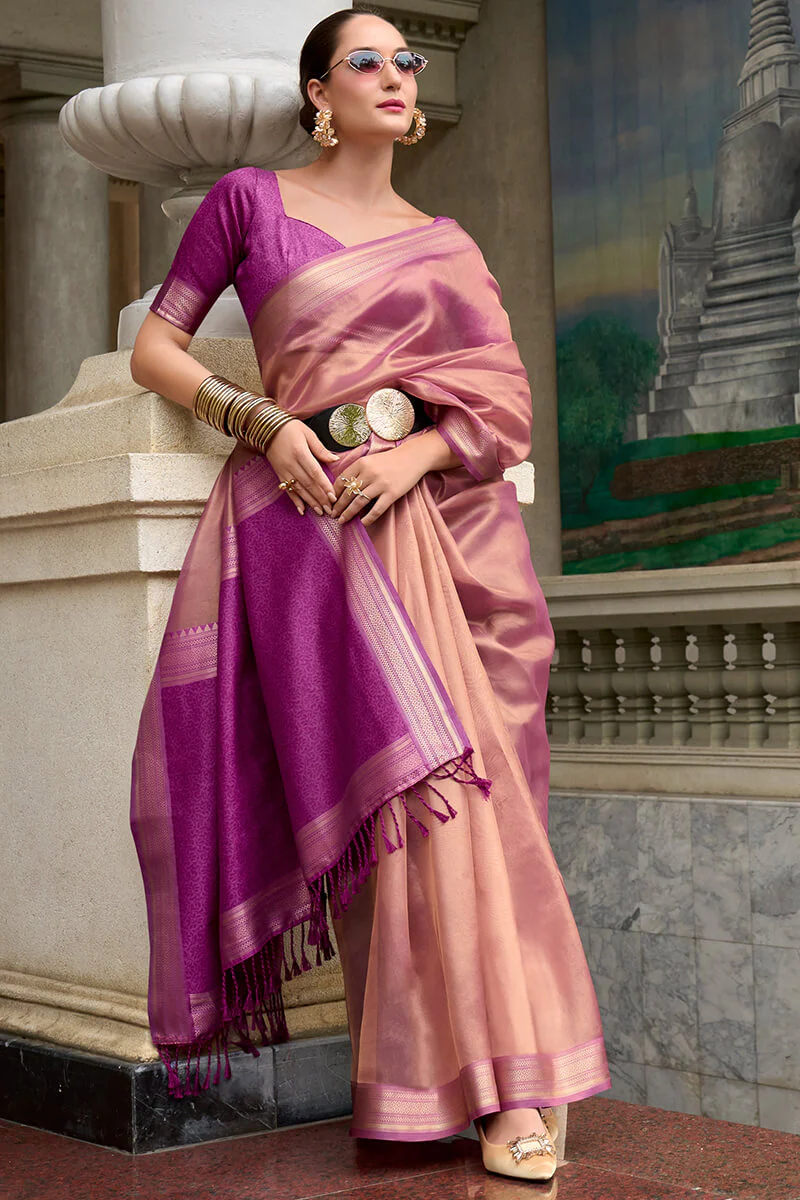 Scintillating Pink Soft Tissue Silk Saree With Vivacious Blouse Piece - Image 3