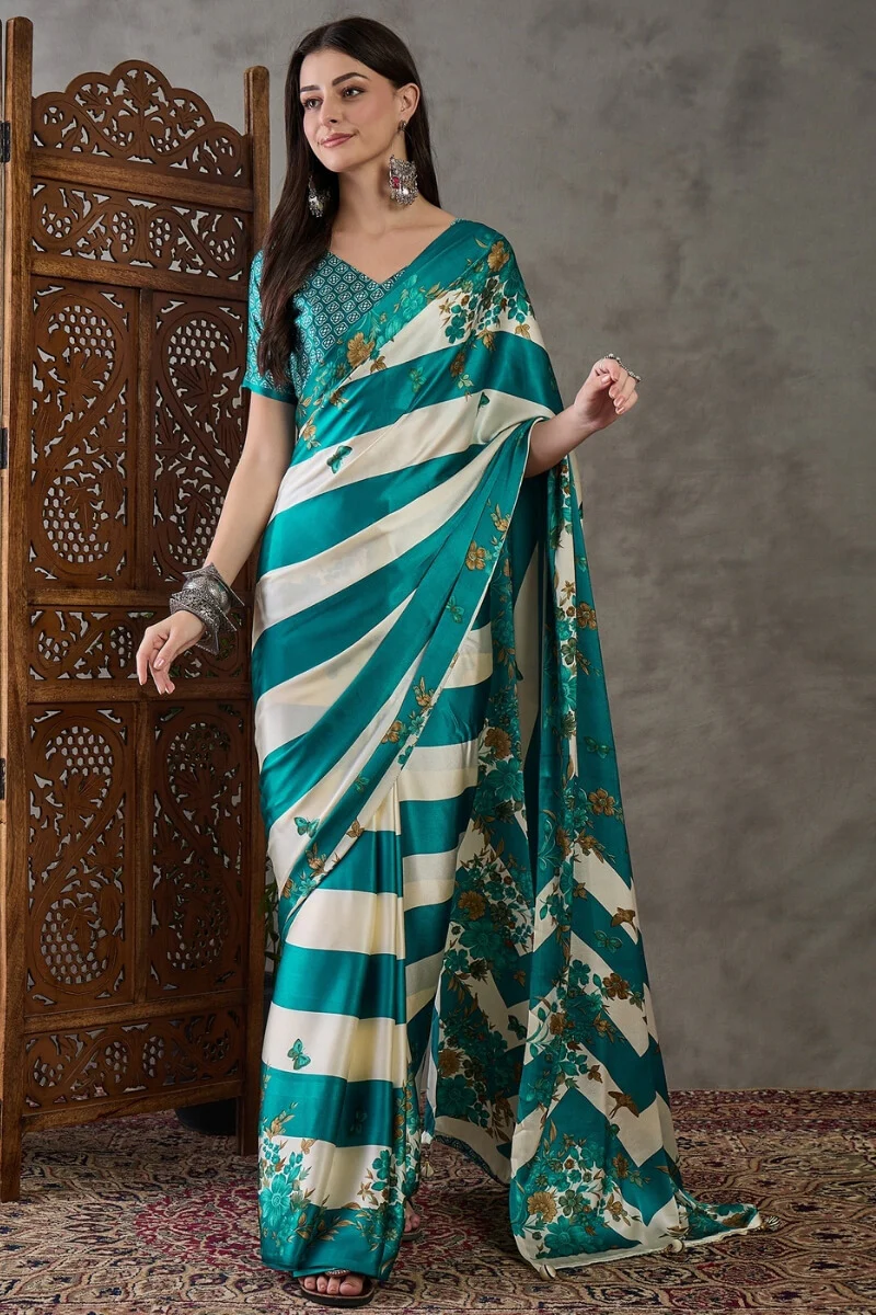 Scintillating Rama Ajrakh Printed Semi Modal Silk Saree With Smashing Blouse Piece