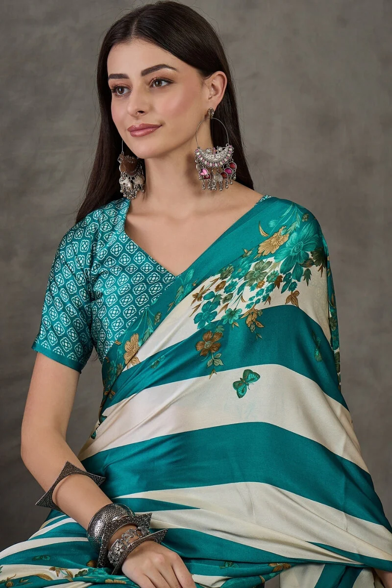 Scintillating Rama Ajrakh Printed Semi Modal Silk Saree With Smashing Blouse Piece - Image 2