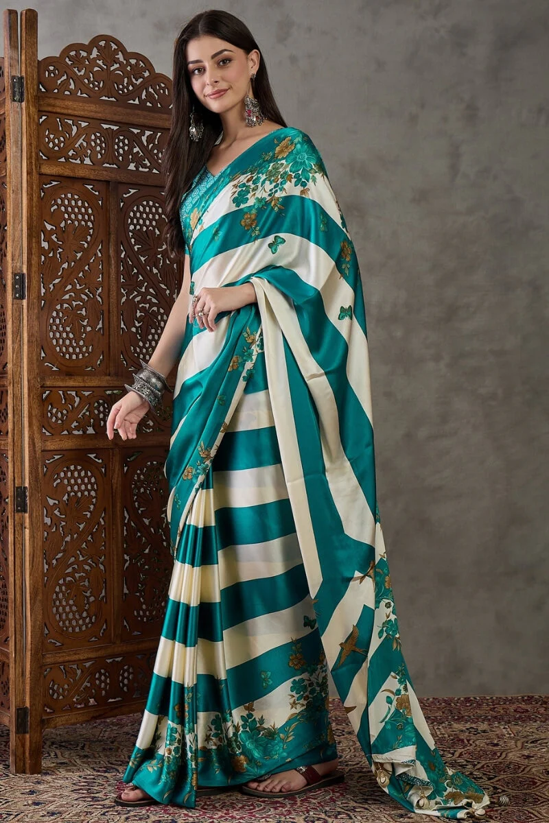 Scintillating Rama Ajrakh Printed Semi Modal Silk Saree With Smashing Blouse Piece - Image 3