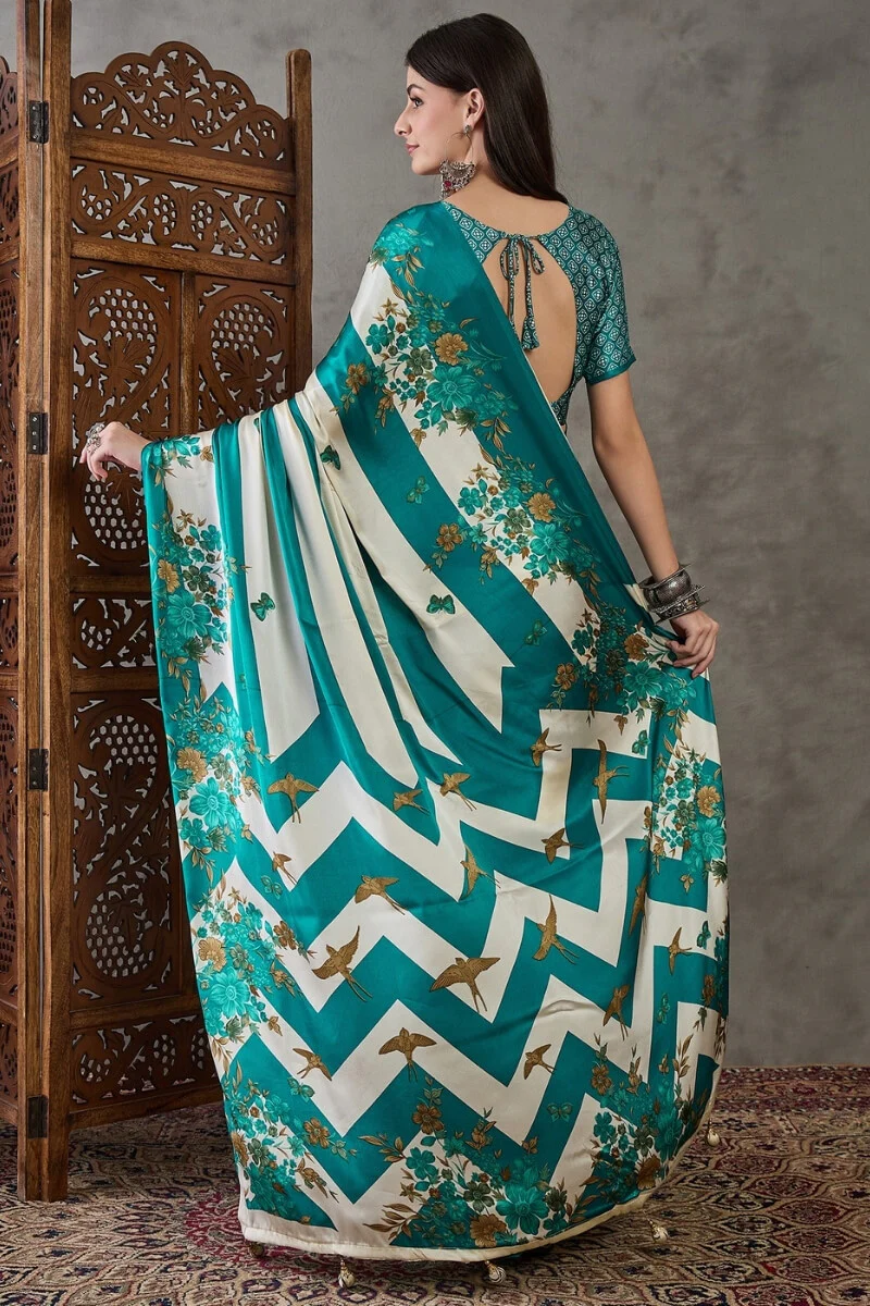 Scintillating Rama Ajrakh Printed Semi Modal Silk Saree With Smashing Blouse Piece - Image 7