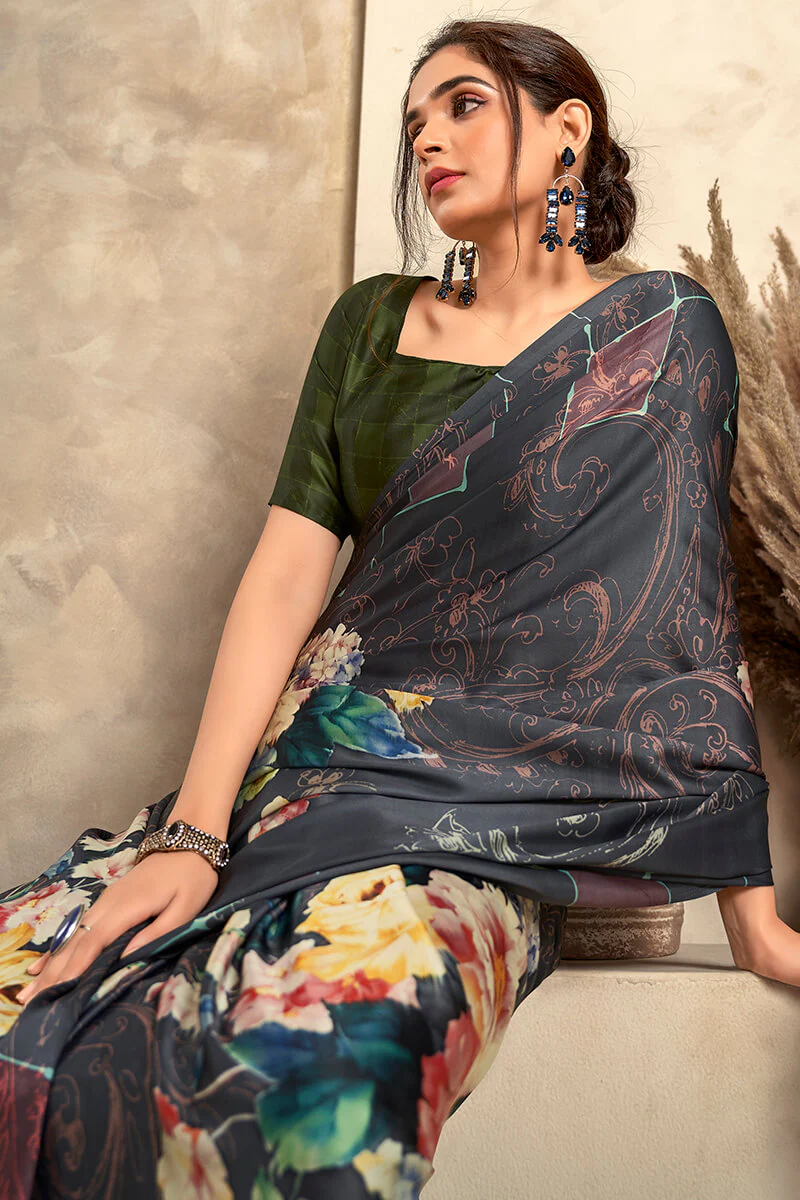 Scrumptious Black Digital Printed Soft Silk Saree With Exuberant Blouse Piece - Image 2