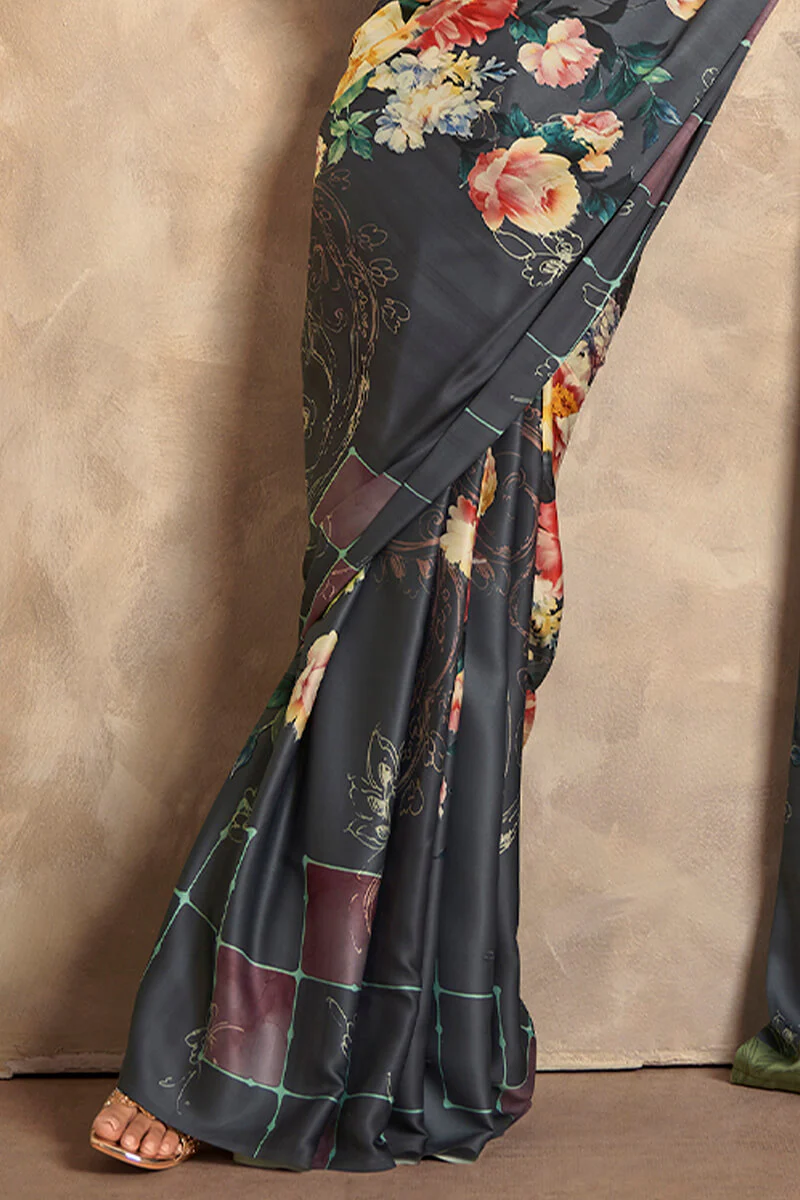 Scrumptious Black Digital Printed Soft Silk Saree With Exuberant Blouse Piece - Image 3