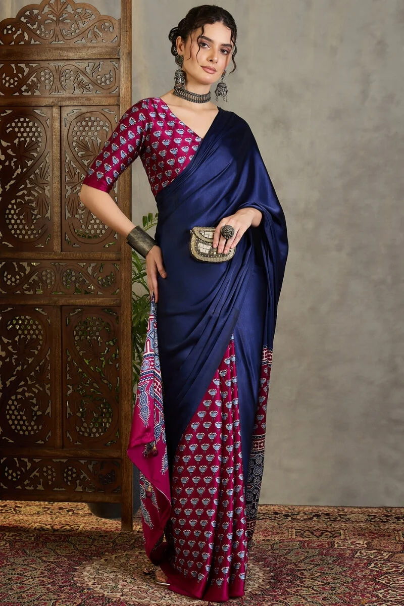 Scrumptious Navy Blue Ajrakh Printed Semi Modal Silk Saree With Flamboyant Blouse Piece - Image 3