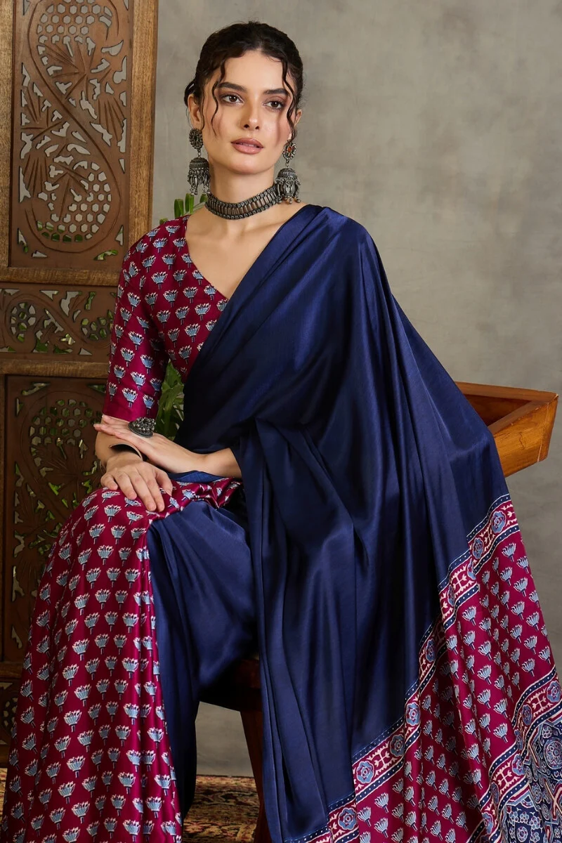 Scrumptious Navy Blue Ajrakh Printed Semi Modal Silk Saree With Flamboyant Blouse Piece - Image 4