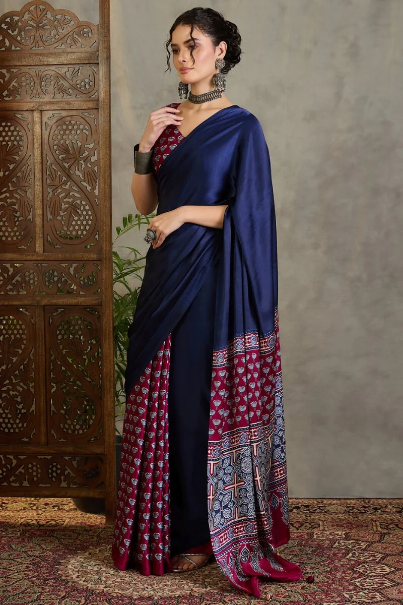 Scrumptious Navy Blue Ajrakh Printed Semi Modal Silk Saree With Flamboyant Blouse Piece - Image 5