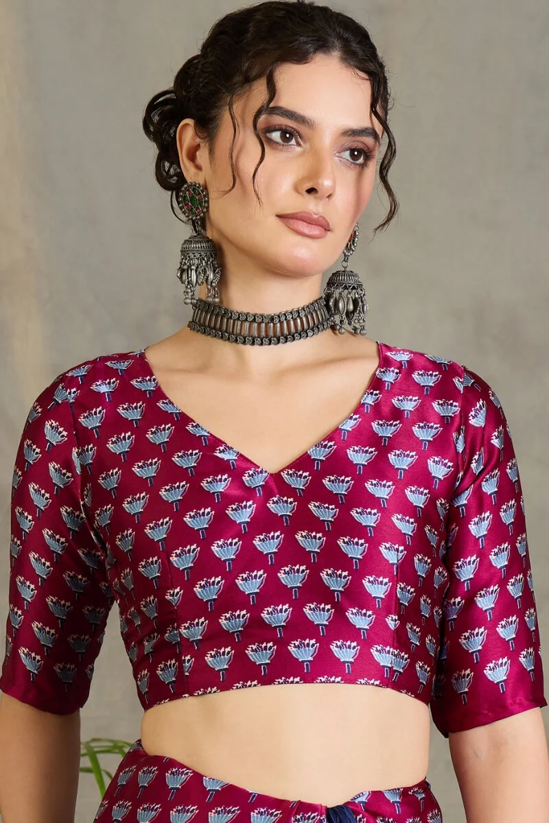 Scrumptious Navy Blue Ajrakh Printed Semi Modal Silk Saree With Flamboyant Blouse Piece - Image 6