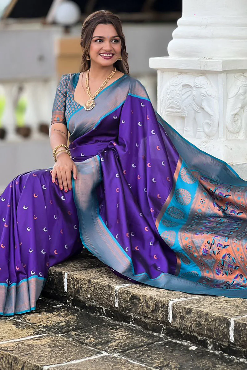 Scrumptious Royal Blue Paithani Silk Saree With Magnificat Blouse Piece - Image 3