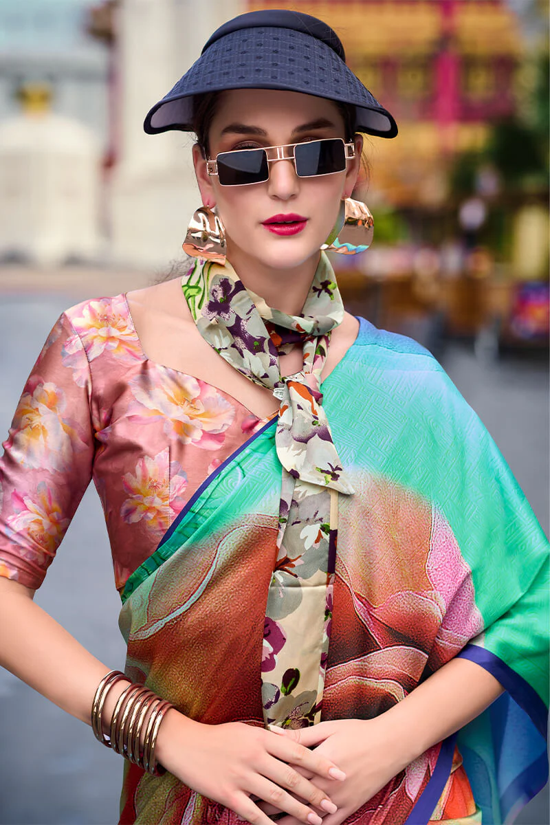 Scrumptious Sea Green Digital Printed Satin Silk Saree With Transcendent Blouse Piece - Image 2