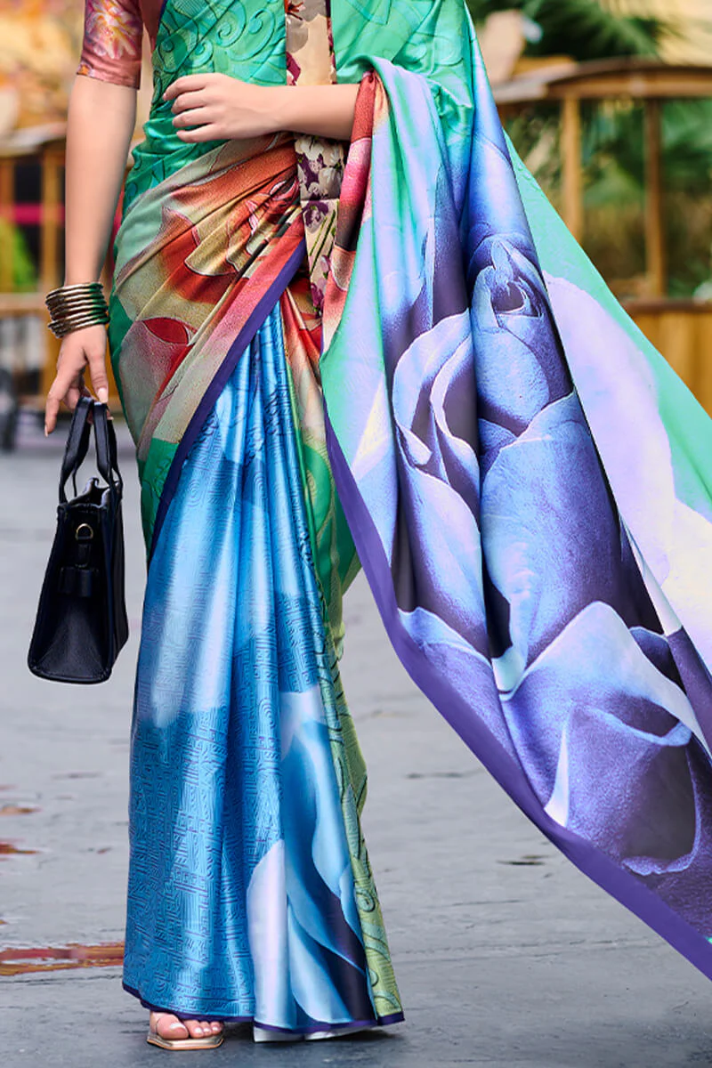 Scrumptious Sea Green Digital Printed Satin Silk Saree With Transcendent Blouse Piece - Image 4