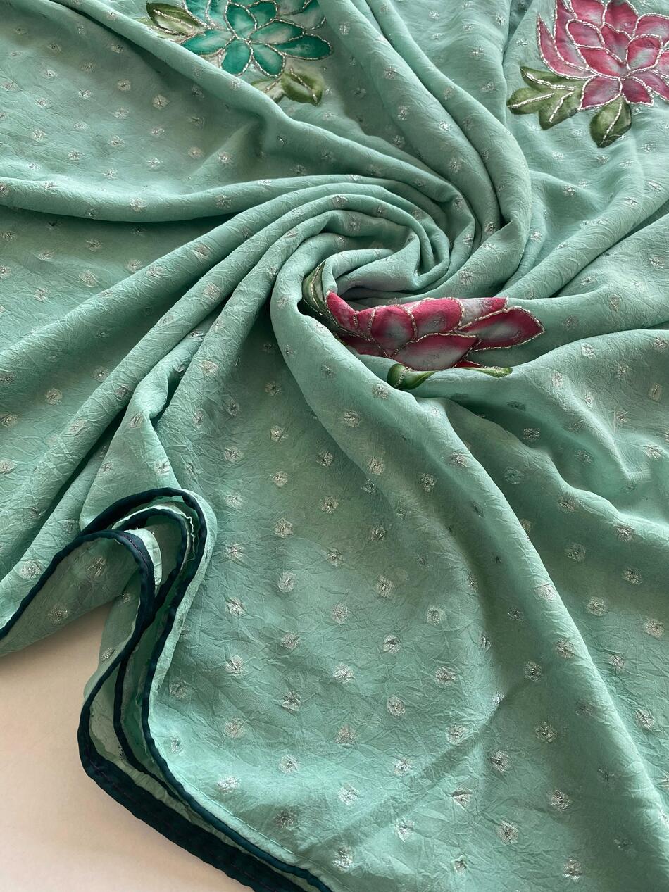 Scrumptious Sea Green Handwork Crush Chiffon Silk Saree With Aplomb Blouse Piece - Image 2