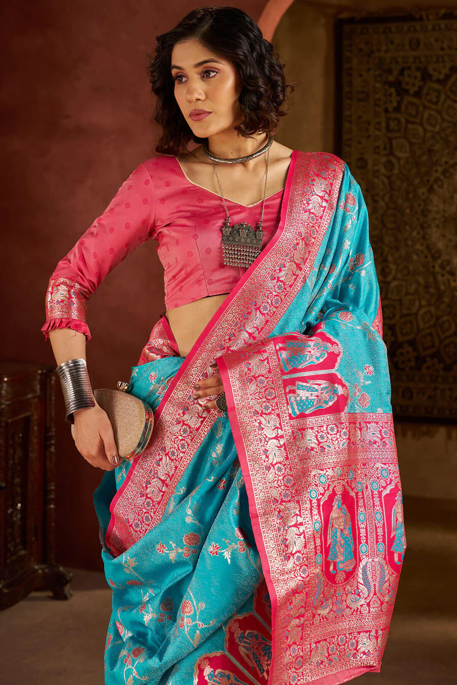 Scrumptious Turquoise Pure Zari Weaving Banarasi Silk Saree With Elegant Blouse Piece - Image 2