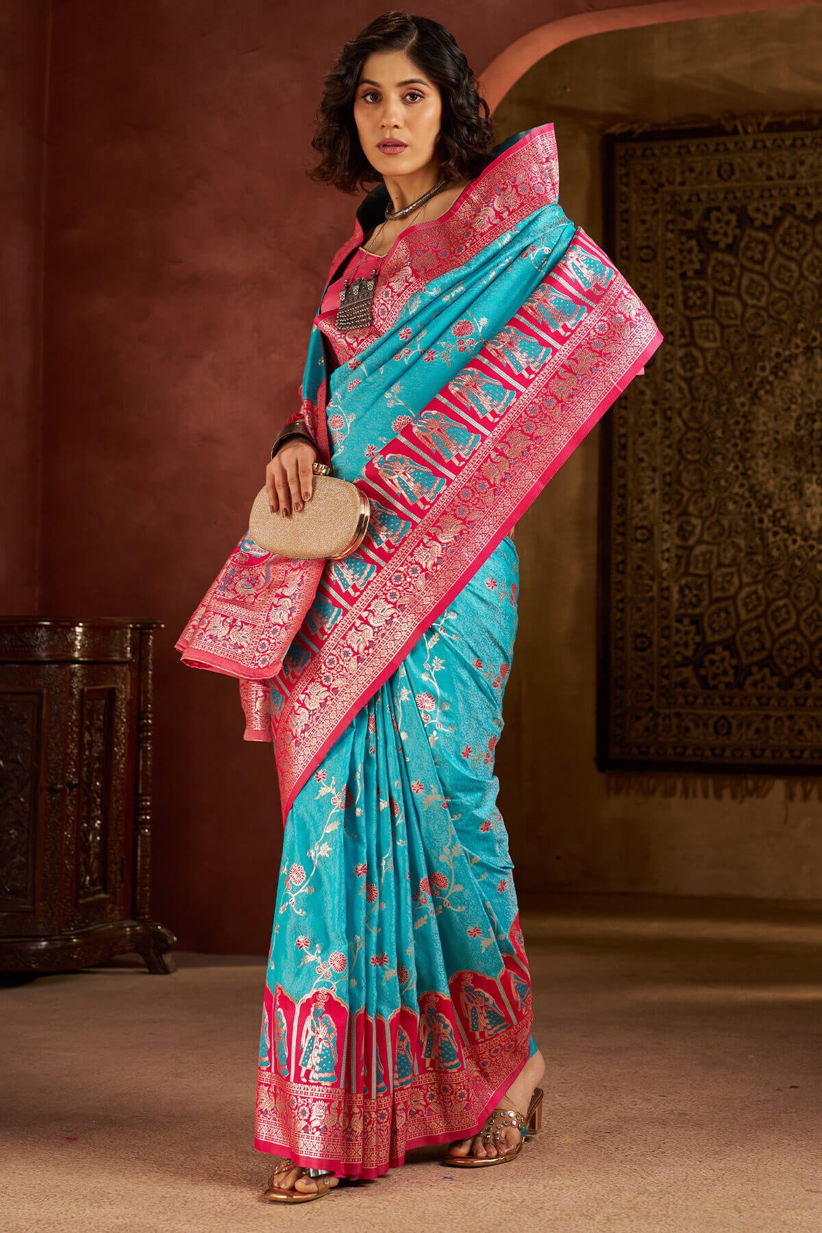 Scrumptious Turquoise Pure Zari Weaving Banarasi Silk Saree With Elegant Blouse Piece - Image 5