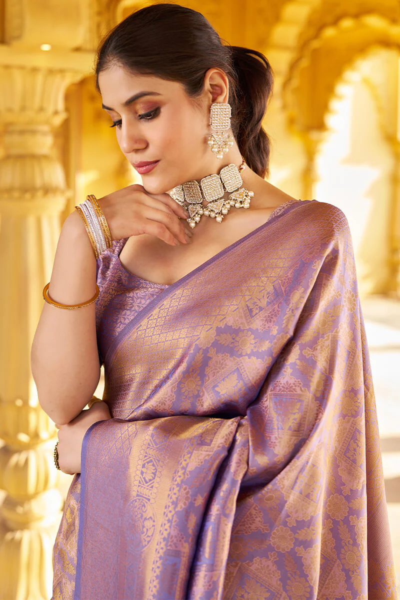 Scrupulous Purple Kanjivaram Silk Saree With Posh Blouse Piece - Image 2