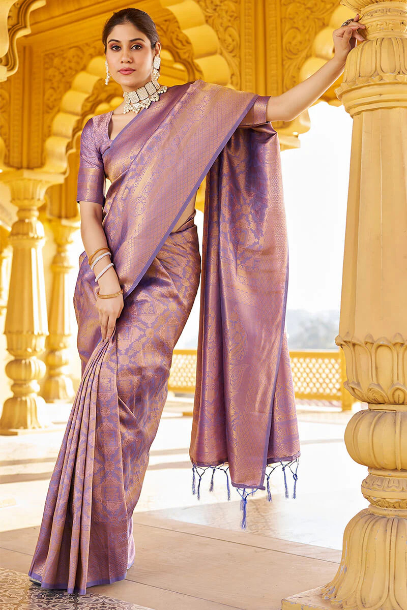 Scrupulous Purple Kanjivaram Silk Saree With Posh Blouse Piece - Image 4