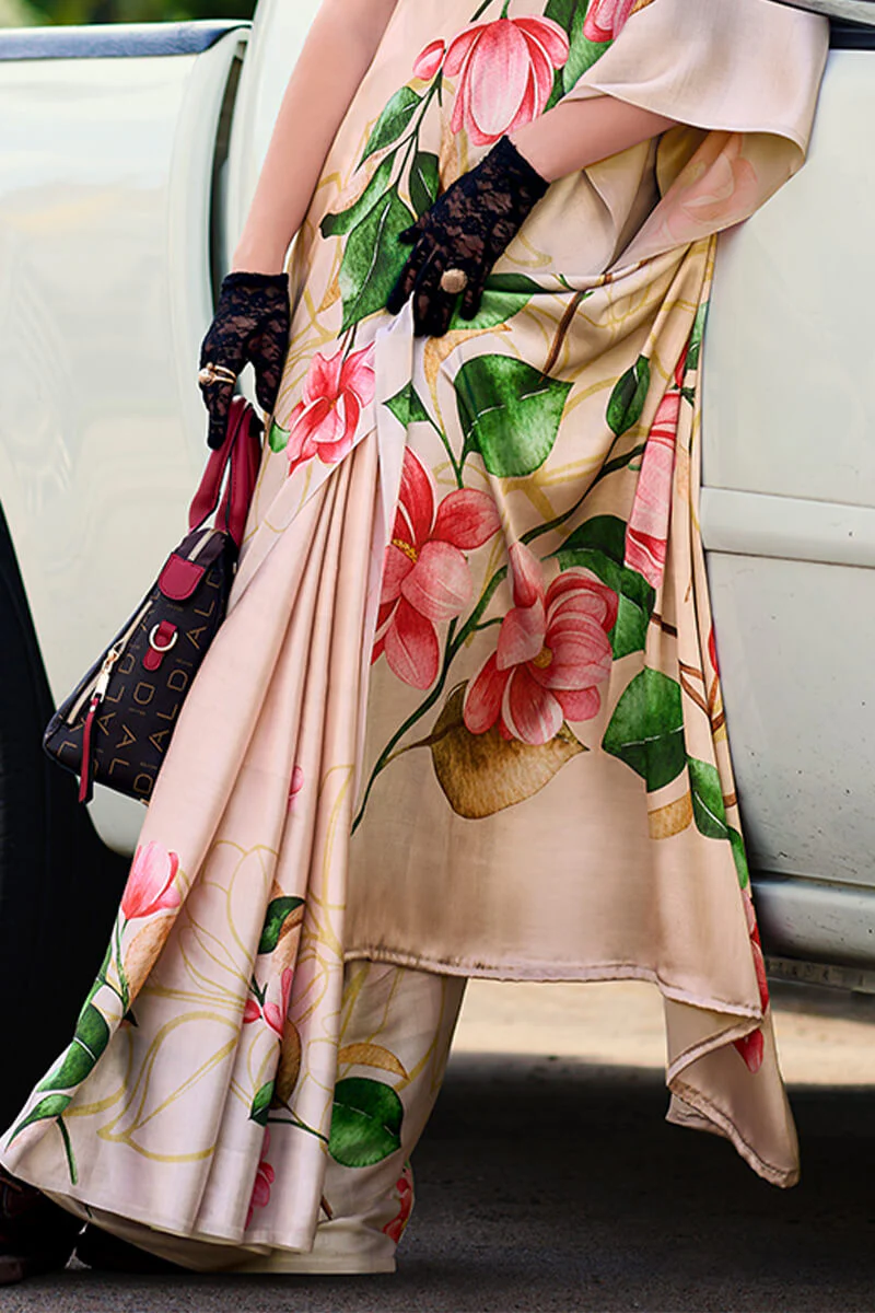 Sempiternal Beige Digital Printed Satin Silk Saree With Confounding Blouse Piece - Image 3