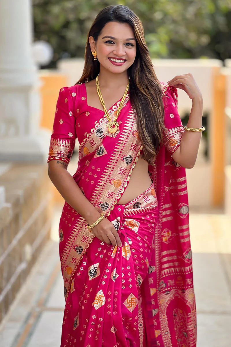 Sempiternal Dark Pink Soft Banarasi Silk Saree With Dissemble Blouse Piece - Image 2