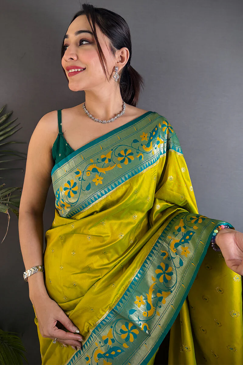 Sempiternal Mustard Paithani Silk Saree With Glittering Blouse Piece - Image 2