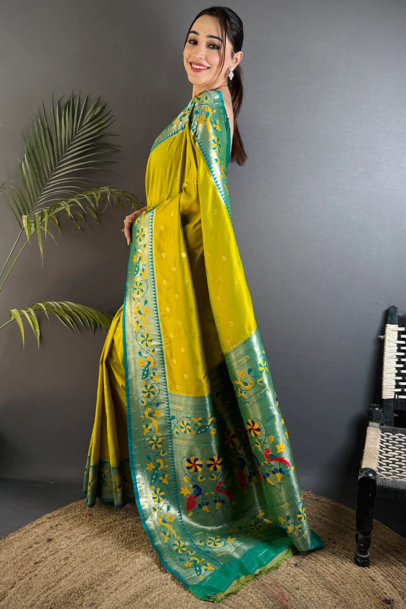 Sempiternal Mustard Paithani Silk Saree With Glittering Blouse Piece - Image 3