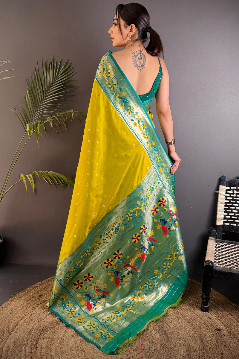 Sempiternal Mustard Paithani Silk Saree With Glittering Blouse Piece - Image 4