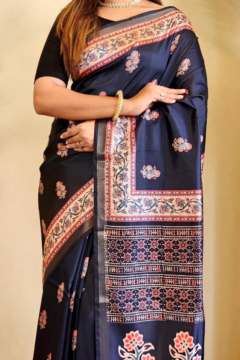 Sempiternal Navy Blue Viscose Dola Silk Printed Saree With Fantabulous Blouse Piece - Image 2