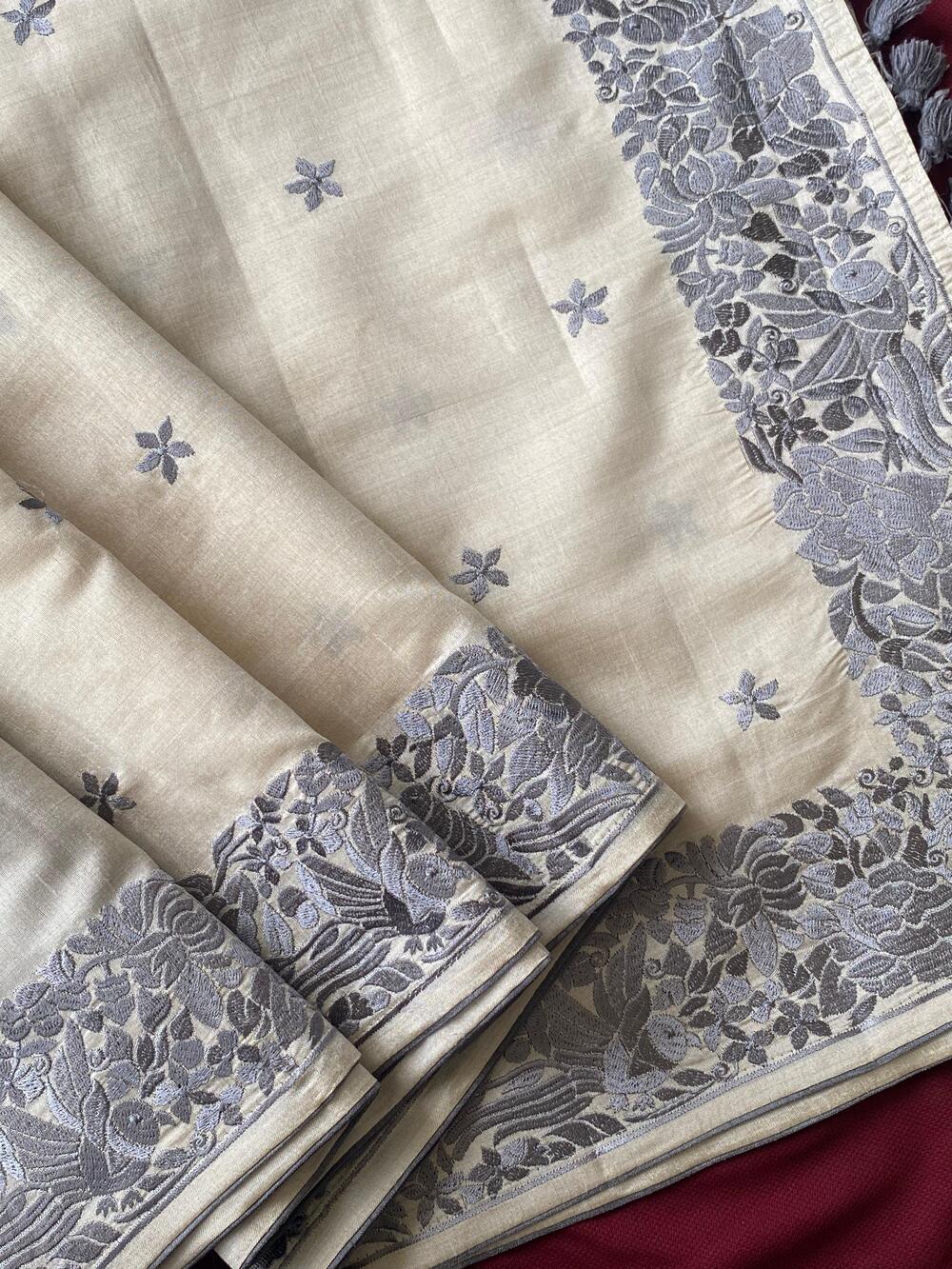 Sempiternal Off White Embroidery Work Tussar Silk Saree With Vestigial Blouse Piece - Image 2