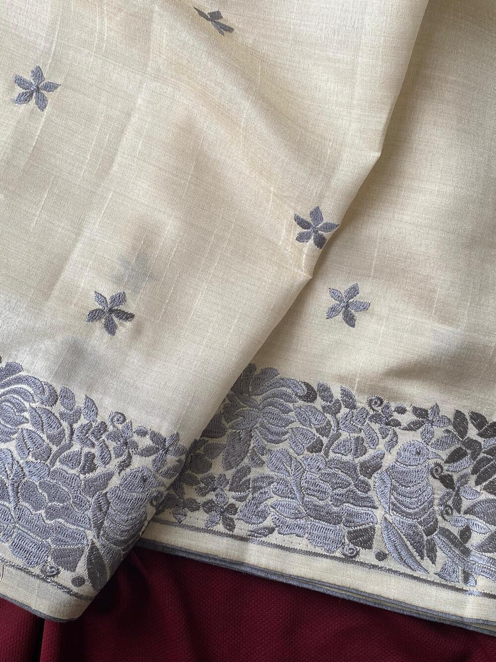 Sempiternal Off White Embroidery Work Tussar Silk Saree With Vestigial Blouse Piece - Image 4