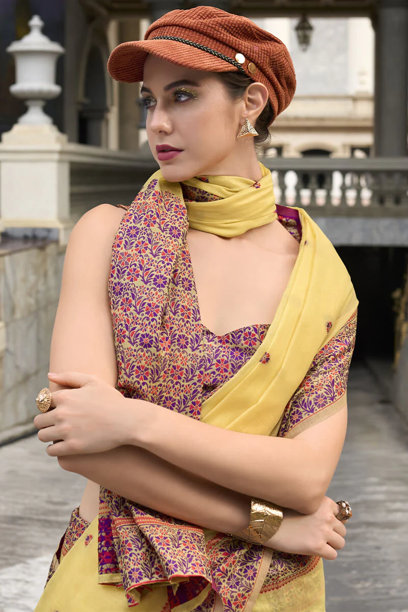 Sempiternal Yellow Cotton Silk Saree With Denouement Blouse Piece - Image 2