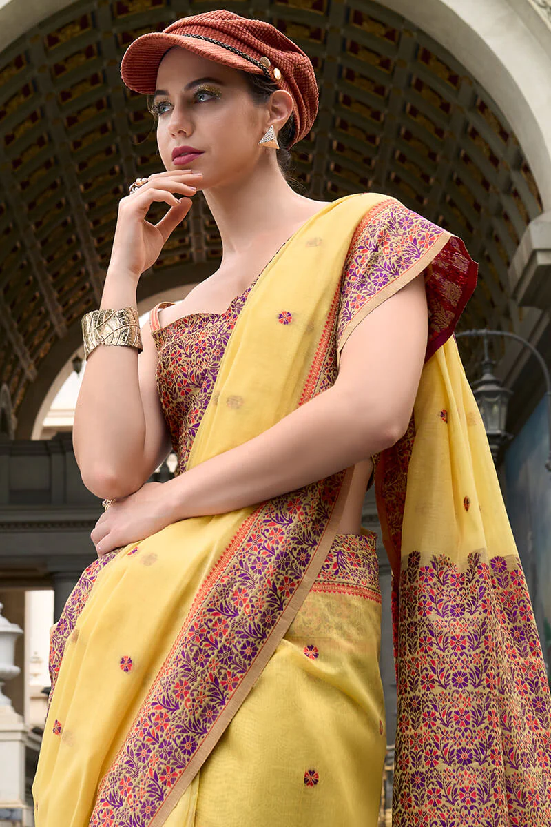 Sempiternal Yellow Cotton Silk Saree With Denouement Blouse Piece - Image 3
