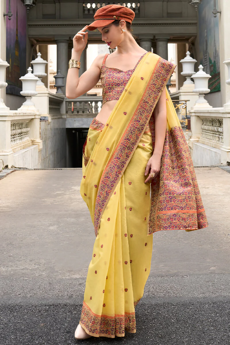 Sempiternal Yellow Cotton Silk Saree With Denouement Blouse Piece - Image 4
