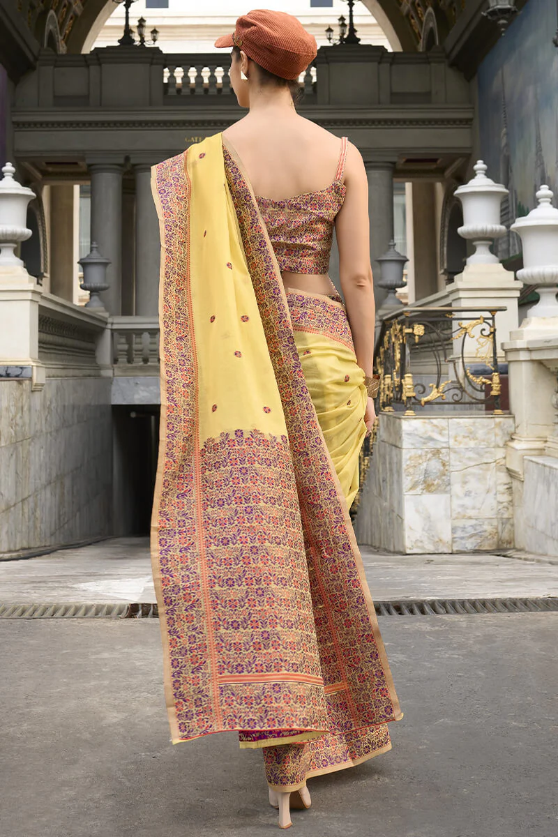 Sempiternal Yellow Cotton Silk Saree With Denouement Blouse Piece - Image 5