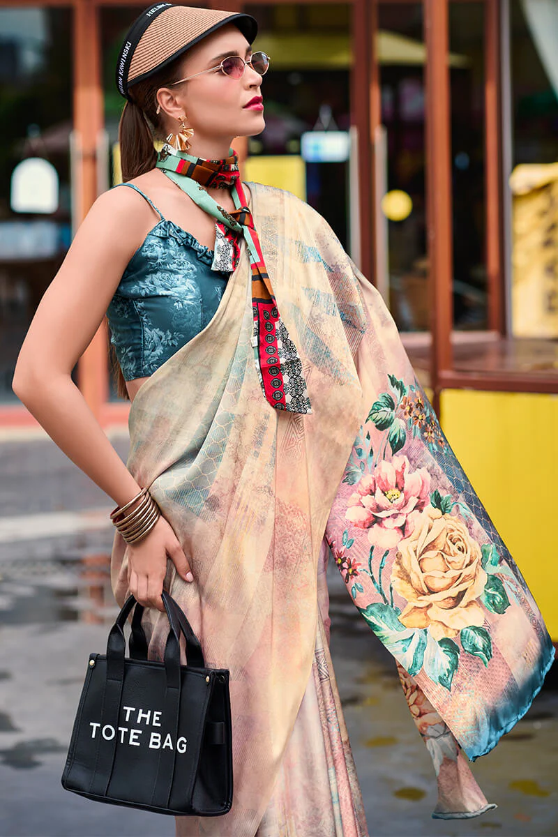 Sensational Beige Digital Printed Satin Silk Saree With Intricate Blouse Piece - Image 2