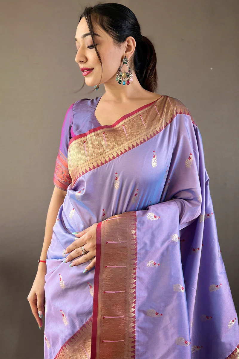 Sensational Lavender Paithani Silk Saree With Precious Blouse Piece - Image 2
