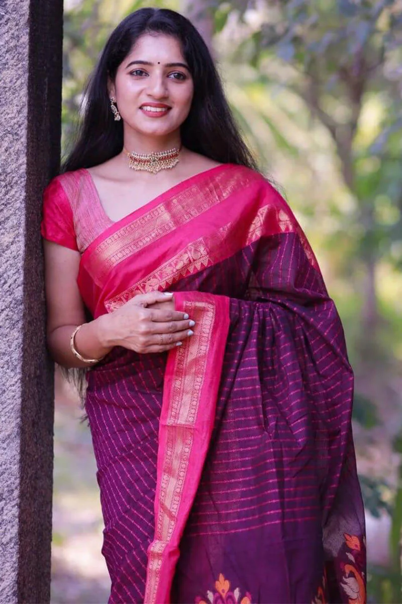 Sensational Purple Cotton Silk Saree With Innovative Blouse Piece - Image 2
