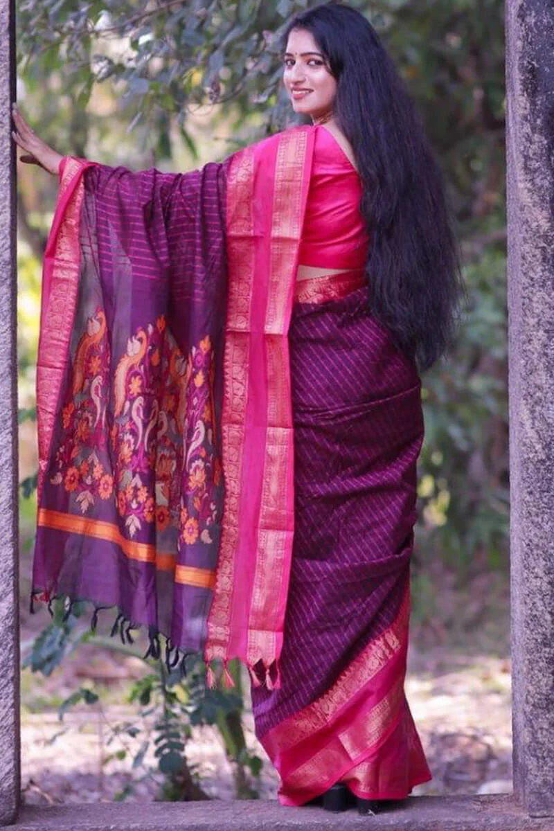 Sensational Purple Cotton Silk Saree With Innovative Blouse Piece - Image 5